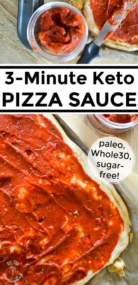 Save lots of money and avoid the refined oils and added sugars in store-bought pizza sauce. Whip up this easy, sugar-free pizza sauce in just 3 minutes! Works for paleo, keto, Whole30, Trim Healthy Mama, and gluten-free lifestyles! #allthenourishingthings #pizzasauce #sugarfree #nosugaradded #homemadepizza #ketopizza #whole30pizza #paleopizza Keto Pizza Sauce, Paleo Pizza, Keto Sauces, Pizza Sauce Recipe, Keto Pizza, Healthy Pizza, Low Carb Pizza, Pizza Hut, Trim Healthy Mama