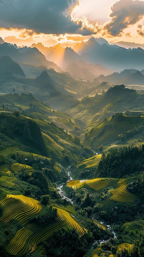 "Majestic Mountain #SunrisePhotography: A breathtaking view of the sun casting golden hues over terraced fields in a mountain valley. #MountainView #TerracedLandscape #ScenicValley #GoldenHour #AIArtistry #AIPhotography #StockCake ⬇️ Download and 📝 Prompt 👉 https://stockcake.com/i/majestic-mountain-sunrise_724076_445034" Sunrise Images, Sunrise Mountain, Mountain Sunrise, Mountain Valley, Sea Design, Mountain Photography, Halloween Illustration, Sunrise Photography, Mountain View