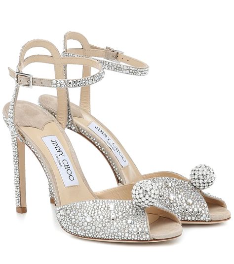 Sacora 100 Embellished Sandals - Jimmy Choo | Mytheresa Jimmy Choo Sacora, Balenciaga Leather, Crystal Heels, Glitter Sandals, Rubber Sandals, Embellished Sandals, Gucci Leather, Evening Shoes, Jimmy Choo Shoes