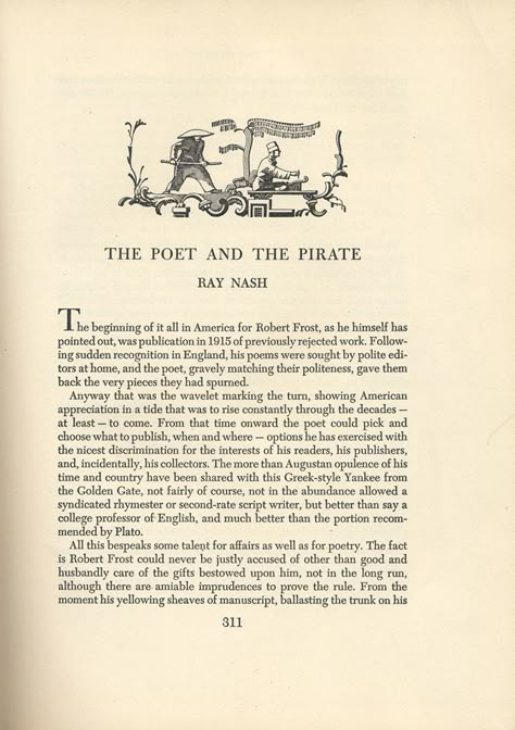 "The Poet and the Pirate" by Ray Nash in The New Colophon vol. II, part 8 (February 1950). Headpiece and typography by W.A. Dwiggins. Classic Book Illustrations, Old Typography, Book Page Layout, Heading Design, Choose Your Hard, Design Folder, Book Illustration Layout, Book Chapter, 8 February