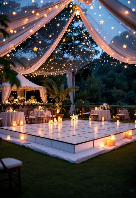 Small Wedding Ideas Evening Wedding Theme, Bridal Shower At Night, Starry Night Reception Decor, Romantic Celestial Wedding, Nighttime Wedding Ideas, Stary Nights Theme, Wedding Celestial Theme, Wedding Stars Theme, A Night Under The Stars Theme Decoration