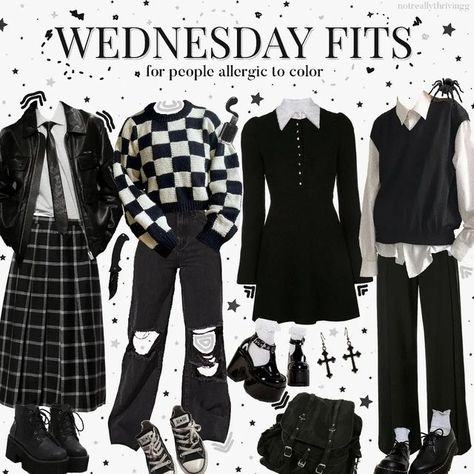 Anime Punk Outfits, Nancy Downs Outfit Ideas, Addams Family Outfit Ideas, Addams Family Aesthetic Outfits, Addams Family Inspired Outfits, Enby Goth, Dark Clothes Aesthetic, Wednesday Fits, Wednesday Inspired Outfit