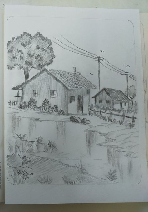 Village House Drawing, Rural Drawing, Short Hair For Chubby Faces, River Drawing, Village Drawing, Valley River, House Sketch, House In Nature, School Labels