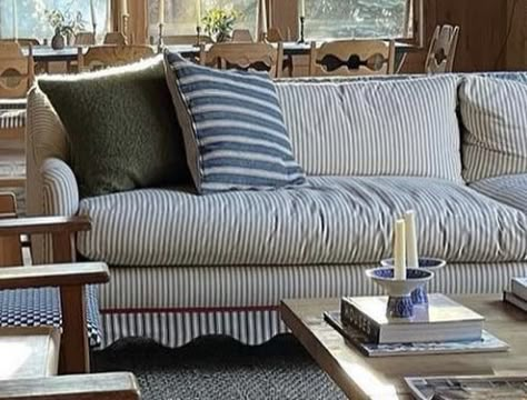 Stripe Couch Living Room, Striped Sectional Sofa, Ticking Stripe Couch, Blue Stripe Sofa, Couch With Piping, Blue And White Striped Sofa, Striped Sofa Living Rooms, Striped Couch Living Room, Ticking Stripe Sofa