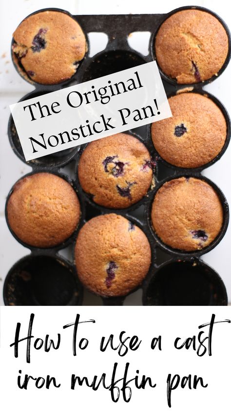 Learn how to use a cast iron muffin pan for the perfect golden brown muffins that don’t stick in the pan. Hearty, moist, and perfectly soft, these 100% whole wheat blueberry muffins make a great breakfast on the go. Made from scratch with 100% white whole wheat flour, fresh or frozen blueberries, and real, whole ingredients. Cast Iron Muffin Pan Recipes, Wheat Blueberry Muffins, Cast Iron Muffin Pan, Whole Wheat Blueberry Muffins, Muffin Pan Recipes, Blueberry Muffins Recipe, Berry Muffins, Homemade Muffins, Muffin Batter