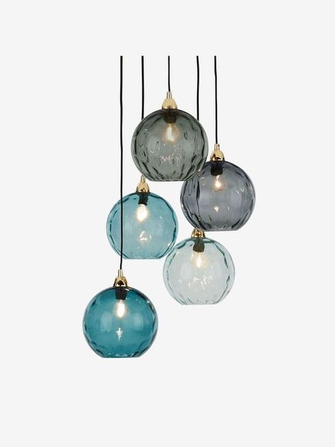 Cluster Glass Pendant Lighting, Pendant Lights Over Stairs, Blue Glass Pendant Light, Blue Pendant Lights, Hallway Lighting Ideas, Conservatory Lighting, Hall Lights, Kitchen Chandelier Lighting, Hallway Pendant Lighting