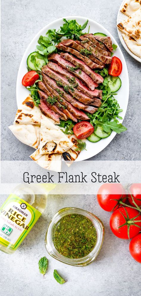 Greek Marinated Flank Steak | Grilled steak is a classic summer dish! Now you can dress it up with a Greek-style homemade marinade. Combine refreshing herbs like dill and mint with garlic, olive oil, and Kikkoman® Rice Vinegar, then marinate the cut of beef for 2-8 hours for best results. Generously spread the marinade over the steak to soak in the flavor before tossing it on the grill! This easy marinade also works as a make-ahead salad dressing to store in the fridge for later. #Kikkoman Greek Steak, Steak Marinade For Grilling, Wife Recipes, Homemade Marinade, Barbecue Ideas, Noodles Stir Fry, Flank Steak Recipe, Marinade Flank Steak, Steak Grilled