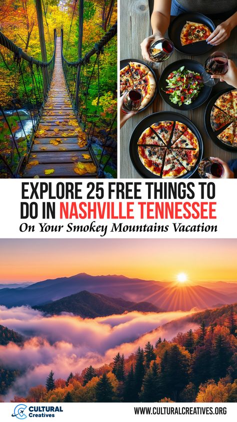 Colorful fall foliage on a suspension bridge, friends sharing pizza, and a scenic mountain sunrise represent the experiences highlighted in Explore 25 Free Things To Do in Nashville Tennessee. Things To Do Outside Of Nashville, Things To Do Tennessee, Tennessee Day Trips, Best Places To Visit In Tennessee, Must See In Nashville Tn, Nashville Hikes, Things To Do In Nashville Tennessee, Things To Do In Tennessee, Tennessee Family Vacation