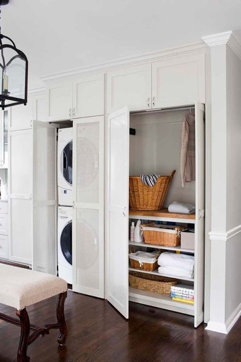 51 Wonderfully clever laundry room design ideas Floor To Ceiling Cabinets, Laundry Room Storage Shelves, Hidden Laundry, Laundry Room/mud Room, Small Laundry Room Organization, Doors Ideas, Laundry Cabinets, Laundry Room Cabinets, Laundry Closet