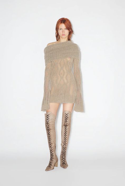 Beige Knit Dress, Paul Gaultier, Wool Dress, Knitting Inspiration, Jean Paul, Jean Paul Gaultier, Knitting Designs, Flared Sleeves, Jeans Dress