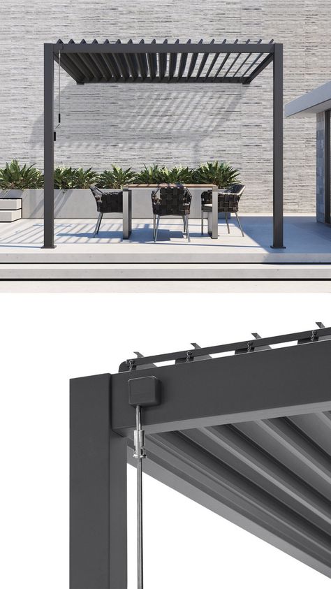 Make big use of your small space. The wall mounted louvre roof aluminium pergola instantly extends your indoor living space outdoors. With an architectural style in a sleek charcoal hue, it has a versatile appearance to suit any home. Securely mount your louvre system to a solid wall structure and transform your outdoor space into a multi-use area. The wall mounted design allows you to maximise your space below. Louvre Pergola, Wall Mounted Pergola, Aluminium Pergola, Wall Structure, Louvered Pergola, Solid Wall, Patio Covers, Aluminum Pergola, Pergola Kits