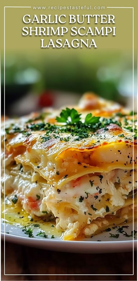 This Garlic Butter Shrimp Scampi Lasagna combines the rich, buttery flavors of shrimp scampi with the comfort of a classic lasagna. Creamy ricotta cheese, succulent shrimp, and a lemony, garlicky sauce come together in this decadent, no-fuss lasagna that is perfect for a family dinner or special occasion. Shrimp And Spinach Lasagna Roll Ups, Garlic Shrimp Scampi Lasagna, Garlic Butter Shrimp Lasagna, Shrimp Alfredo Lasagna, Shrimp Scampi Lasagna, Garlic Butter Shrimp Scampi Lasagna, Shrimp Breakfast Recipes, Shrimp Lasagna Recipe, Seafood Lasagna Recipe