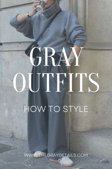 Gray Outfits, Gray Outfit Ideas, Gray Outfit Ideas, gray outfits, gray outfit inspiration, quiet luxury outfits, gray blazer outfit, gray jeans outfit, blazer and jeans outfit, gray sweater, gray dress, gray trousers Style Grey Wide Leg Pants, Grey Outfits For Women Casual, Grey Wide Leg Pants Outfit Winter, Light Grey Wide Leg Pants Outfit, Long Gray Sweater Outfit, Dark Grey Dress Pants Outfit Women, Gray Wide Leg Trousers Outfit, Wide Leg Grey Trousers Outfit, Grey Monochrome Outfit