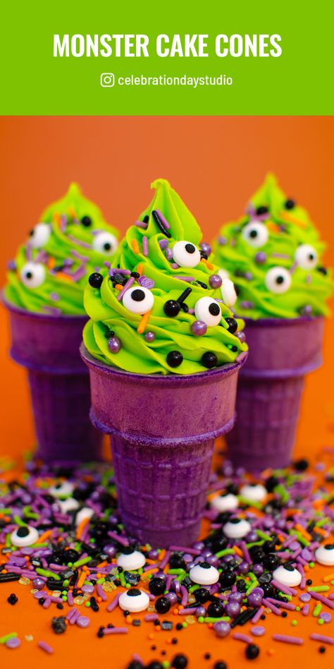 Halloween Cupcakes In Ice Cream Cones, Halloween Cone Cupcakes, Cupcake Cones Halloween, Halloween Cake Cones, Halloween Cones Treats, Halloween Cupcake Cones, Monster Themed Party, Spooky 4th Birthday, Halloween Birthday Treats