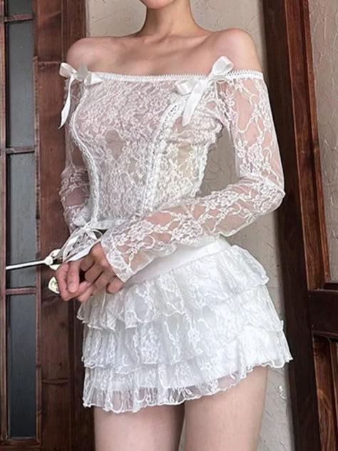 ⚡️Free Shipping Lace Off Shoulder Tie Front Long Sleeve Tee & Tiered Skirt Set White S under $31.00 in Two-Piece Outfits. ✓2023 Black Friday Sale at Another Chill. ✓Free Shipping on all orders over US$69 Club Streetwear, Street Y2k, Lace Outfit, Aesthetic T Shirts, Casual Long Sleeve Shirts, Off Shoulder Fashion, Streetwear Aesthetic, Floral Crop Tops, Lace Crop Tops