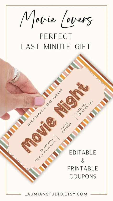 Movie Night Gift Coupon Movie Date Voucher Editable Template Movie Night Ticket Custom Gift for Movie Lover Gift Idea for Daughter Son Wife - Etsy Gift For Movie Lover, Movie Night Tickets, Printable Vouchers, Printable Coupon Book, Movie Night Gift, Movie Lover Gift, Gift Coupon, Movie Date, Coupon Template