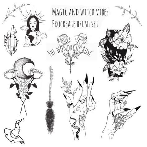 Procreate brush set for tattoo flash. This flash sale is full of witchy vibes, or, Halloween, and spookyness. Thanks for looking Halloween fonts #halloweenfonts fonts #fonts font #font 2.1102 Halloween Calligraphy, Stencil Outline, Tattoo Filler, Witch Tattoo, Halloween Clips, Flash Tattoo Designs, Tattoo Flash Sheet, Spooky Tattoos, Cowgirl Art