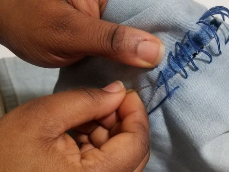 How to Sew an Invisible Stitch in Torn Jeans - iFixit Repair Guide Diy Torn Jeans, Jean Tear Repair, How To Repair Torn Jeans, Repair Jeans By Hand, Repair Torn Jeans, How To Sew Ripped Jeans By Hand, Sewing Ripped Jeans By Hand, Sewing Ripped Jeans, Repair Jeans Crotch