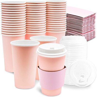 16 oz Disposable Coffee Cups with Lids and Sleeves, Paper Insulated for Hot To Go Drinks | Vintage 16 Oz Disposable Coffee Cups w/ Lids & Sleeves, Paper Insulated For Hot To Go Drinks | Wayfair Pink Coffee Bar, Craft Small Business, Home Buffet, Pink Coffee Cups, To Go Coffee Cups, Tea Cup Cake, Foil Tags, Disposable Plastic Plates, Disposable Coffee Cups