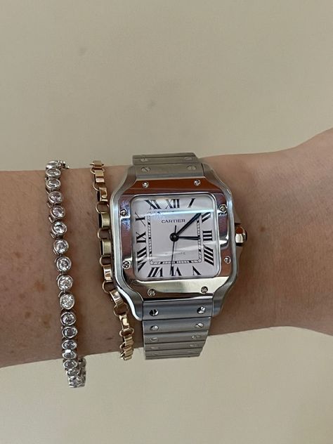 Cartier watch, santos de Cartier, silver tone watch, jewelry stack watch stack Cartier Santos Women, Cartier Santos Watch Woman, Santos Cartier, Cartier Santos Watch, Cartier Watches Women, Wrist Stacks, Cartier Santos, Cartier Jewelry, Cartier Watch