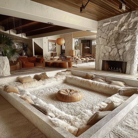 Bali Living Room, Conversation Pit Living Room, Living Room 70s, Bali Living, Conversation Pit, Sunken Living Room, Whimsical Wonderland, Dream House Rooms, Dream House Interior