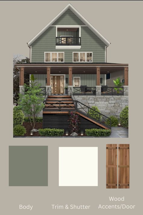 Old Money Exterior, Cottage Exterior Colors Schemes, Exterior Paint Palette, Light Green House, Old Money Home, Sage Green House, Green Exterior Paints, Green Exterior House Colors, Green House Exterior