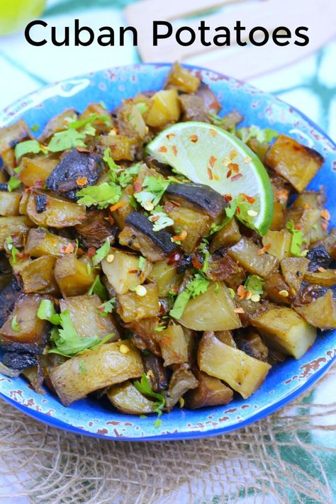 Easy Vegetarian Cuban Potatoes Recipe | Mama Likes To Cook Cuban Dishes, Easy Potato Recipes, Cuban Recipes, Latin Food, Potatoes Recipe, Plant Based Eating, On The Grill, Easy Vegetarian, The Grill