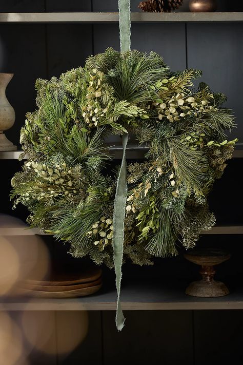 Fresh Noble Fir + Boxwood Wreath | Anthropologie Boxwood Wreath Christmas, Fresh Christmas Wreath, Lobby Decor, Vintage Wreath, Evergreen Wreath, Boxwood Wreath, Jw Marriott, Xmas Wreaths, Light Garland