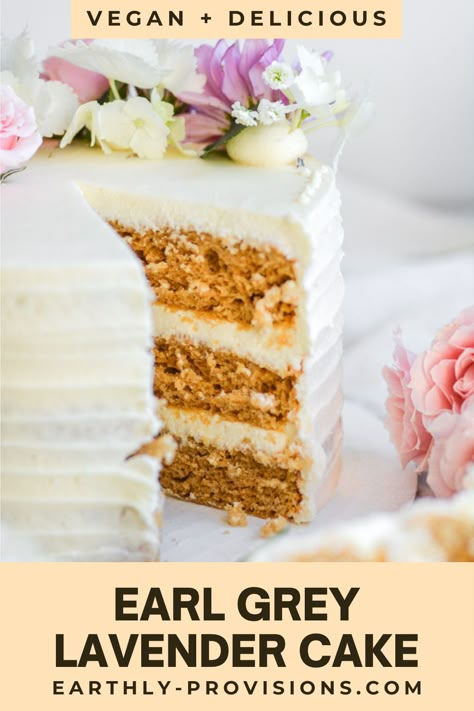 Gluten Free Earl Grey Cake, Vegan Lavender Cake, Vegan Earl Grey Cake, Lavender Earl Grey Cake, Earl Grey Lavender Cake, Boho Cake Ideas, Lavender Cake Recipe, Alpha Gal Syndrome, Earl Grey Lavender