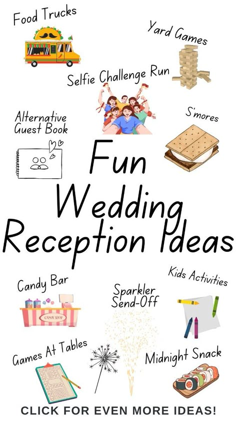 Fun Things To Do During Wedding Reception, Different Wedding Ideas Creative, Entertainment At Wedding Receptions, Wedding For 200 Guests, Unique Wedding Activities Receptions, Affordable Reception Ideas, Small Ceremony Big Reception, Unique Wedding Ideas Creative Receptions, Unique Small Wedding Ideas