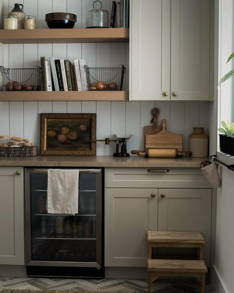 Green cabinets, pantry farmhouse rustic cabinets open shelves butcher block Butcher Block Counter Pantry, Butler Pantry Open Shelving, Butlers Pantry Fridge, Butlers Pantry Butcher Block, Pantry Shelf Styling, Open Shelves In Pantry, Butchers Pantry Ideas, Beverage Fridge In Pantry, Pantry Butcher Block