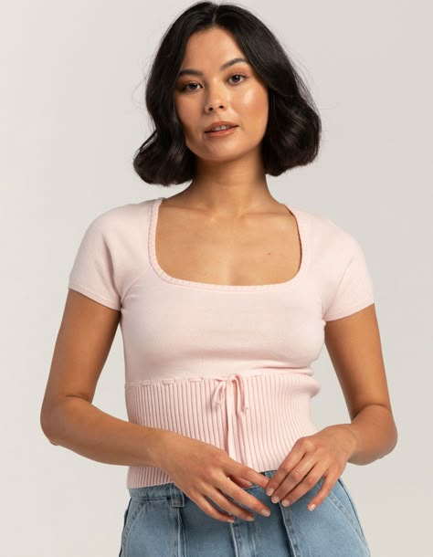 Unique Tops, Y2k Long Sleeve, Unique Top, Bare Necessities, Ribbed Top, Winter Tops, Tie Top, Ribbed Sweater, Pink Sweater