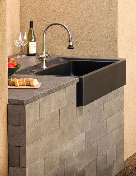 The weekend is on it's way so let's get outside and BBQ. Oh, don't have an outdoor kitchen, we can help with that! How about a honed black granite farmhouse sink to bring sleek elegance into your outdoor living space? . . . . . . #stoneforest #outdoorkitchens #backyardgoals #backyardoasis #outdoorliving #outdoordesign #outdoordecor #outdoorcooking #backyardbbq Landscape Styles, Barn Sink, Lavabo Exterior, Outside Sink, Outdoor Kitchen Sink, Small Kitchen Sink, Garden Sink, Kitchen Sink Organization, Outdoor Kitchen Plans