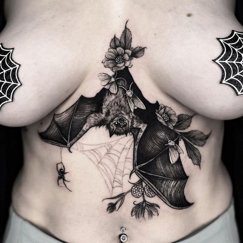 Bats Tattoo Design, Tummy Tattoo, Bat Tattoo, Chest Piece Tattoos, Spooky Tattoos, Full Body Tattoo, Gothic Tattoo, Stomach Tattoos, Dream Tattoos