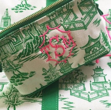 Romantic Essence, Green Chinoiserie, Marley And Me, Preppy Things, Personalized Cosmetic Bags, Abc Order, Chinoiserie Chic, Machine Embroidery Projects, Embroidery Monogram