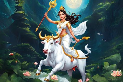 Devi Shailputri: Images, Story and Puja Rituals Shailputri Maa Images Navratri, Shailputri Maa Images, Navratri Shailputri, First Day Of Navratri, Maa Shailputri, Navratri Devi, Navratri Devi Images, Nav Durga, Diwali Gif