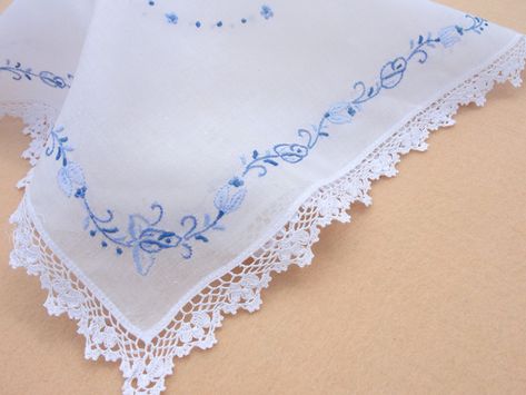 Monogram Handkerchief, Handkerchief Embroidery, Monogrammed Handkerchiefs, Embroidery Napkins, Lace Hankies, Handkerchief Wedding, Embroidered Handkerchief, Crochet Lace Edging, Cutwork Embroidery