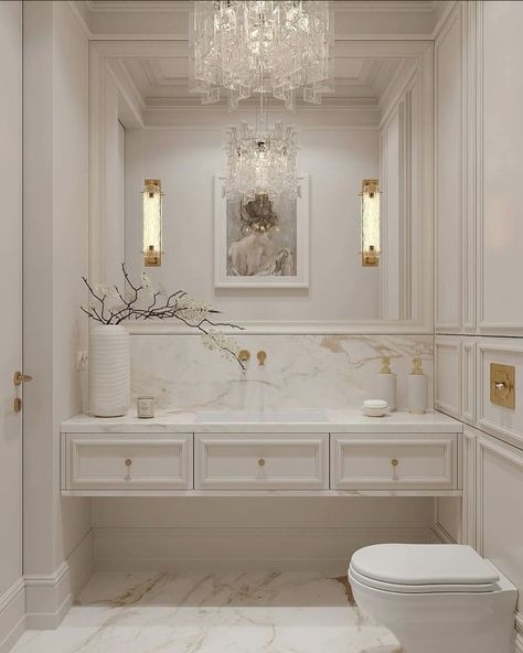 Classic Design Bathroom, Parisian Interior Bathroom, Classic Moodboard Interior Design, Bathroom New Classic, Small Classic Bathroom, Classic Guest Bathroom, Green Powder Room Ideas, Classic Vanity Design, Small Bathroom Aesthetic