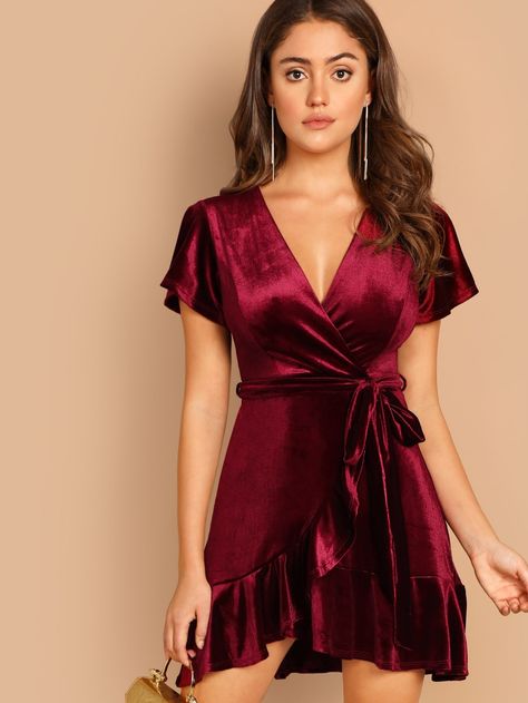 Wrap Front Waist Tie Ruffle Trim Velvet Dress | SHEIN USA Red Velvet Dress Outfit, Red Velvet Dress Short, Velvet Dresses Outfit, Short Dress Patterns, Gaun Koktail, Cocktail Dress Outfit, Cocktail Dress Short, Velvet Dress Short, Silver Cocktail Dress