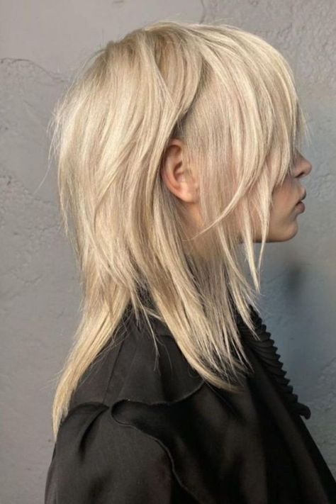 Platinum Blonde Kitty Cut Cute Layered Haircut Mid Length, Layered Haircut Mid Length, Haircut Mid Length, Cute Layered Haircut, Mid Length Hair With Layers, Choppy Bob Hairstyles, Midlength Haircuts, Wolf Cut, Layered Haircut