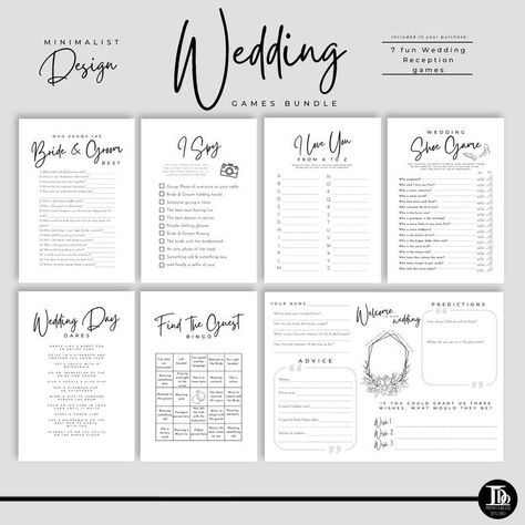 A stylish minimalist design wedding games bundle for your big day. A great way to keep your guests entertained. Perfect for breaking the ice at weddings and amazing keepsakes. Just download, print and add to your Wedding table.   Included in your pur... Wedding I Spy, Wedding Table Games, Wedding Games For Guests, Reception Games, Hunting Wedding, Wedding Reception Games, Wedding Reception Fun, Games Printable, Ice Breaker