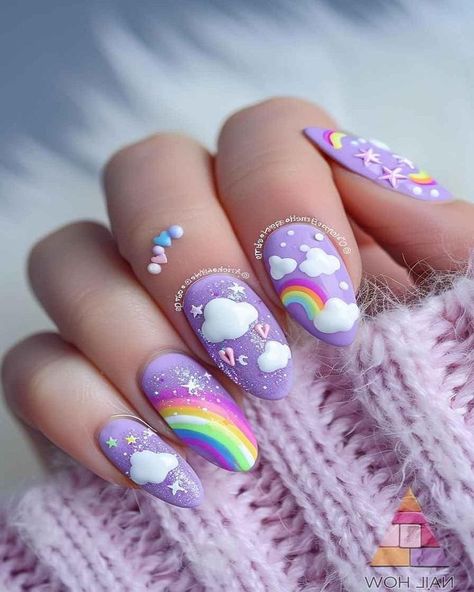 Purple Nail With Butterfly, Rainbow Sky Nails, Rainbow And Cloud Nails, Pride Themed Nails, Purple Cute Nails, Rainbow Cloud Nails, Pride Nails Designs, Pride Nail Art, Nail Art Rainbow