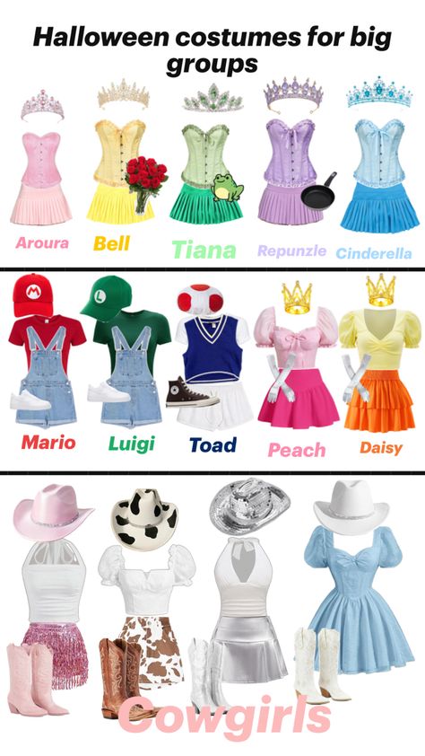 Disney princess ✨ Mario characters ✨ Cowgirls Costume Ideas For Big Groups, Mario Character Costumes, Disney Group Costumes, Halloween Costumes For Big Kids, Fun Halloween Outfits, Mario Costume, Cute Group Halloween Costumes, Disney Princess Costumes, Classy Halloween Costumes