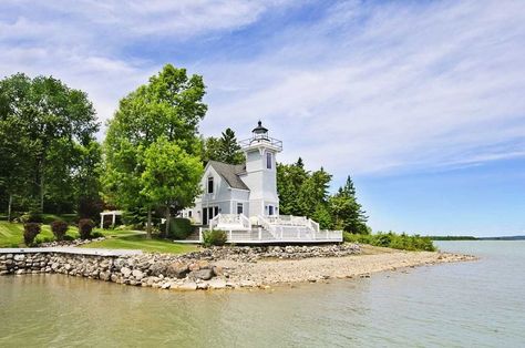 1892 Remodeled Lighthouse,  Goetzville, MI.  Own your own island. Lighthouse Inspiration, Lake Huron, Private Island, Coastal Living, Old Houses, In The Middle, Great Places, Lake House, Lighthouse