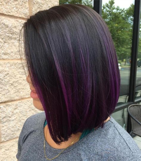 20 Must-Try Subtle Balayage Hairstyles Purple Peekaboo Highlights For Dark Hair, Purple Brunette Hair, Purple Balayage, Purple Ombre Hair, Black Hair With Highlights, Hair Color Shades, Hair Color Purple, Ombre Hair Color, Purple Ombre