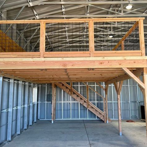 Wild Hog Panels in Woodcrest, CA Pole Barn With Apartment, Shop Loft Ideas, Garage Mezzanine, Pole Barn Loft, Loft Office Design, Mezzanine Ideas, Shop Remodel, Pole Barn Loft Ideas, Barn Dominium