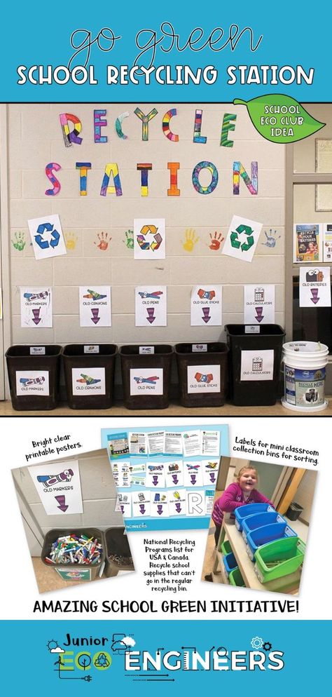 Pin image School Station, Recycling Lessons, Eco Club, Sustainable Schools, Green Recycling, Recycling Activities, Recycling Station, School Start, Waste Recycling