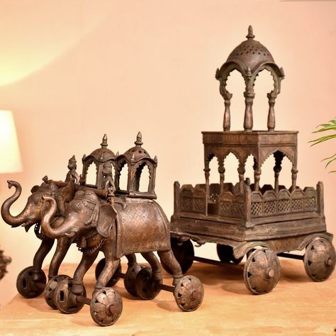 Majestic craftsmanship: Admire the intricate details of this handmade brass elephant chariot, a symbol of elegance and tradition. #brassstatue #brass #brassdecor #brassidols #homedecor #brassidol #brasssculpture #brassstatues #antique #indiandecor #idols #indianhomedecor #handmade Wooden Candle Stand, Brass Elephant, Vintage Lunch Boxes, Wooden Printing Blocks, Handmade Elephant, Pichwai Paintings, Brass Door Handles, Brass Statues, Indian Decor