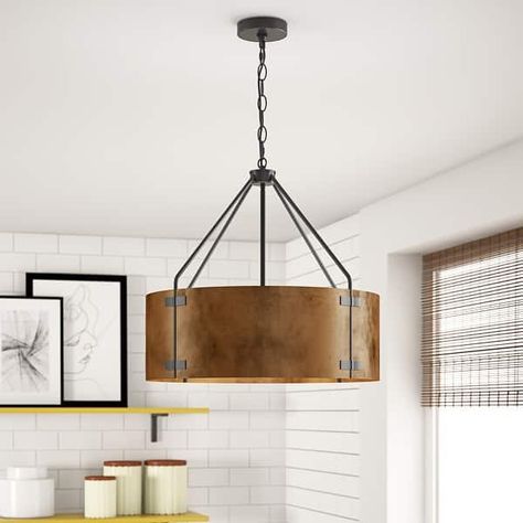 Vintage Matte Black 4-Light Metal Drum Pendant Light with Brown Lampshade - On Sale - Bed Bath & Beyond - 39861247 Metal Drum Pendant Light, Drum Pendant Light, Food Pantry Organizing, Drum Pendant Lighting, Metal Drum, Small Kitchen Organization, Black Ceiling Fan, Drum Chandelier, Austin Design