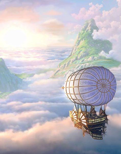 Adventure on a steampunk airship at sunrise! Visit another world of mountaintop islands above the clouds and sail the sky Sky Ship Fantasy Art, Rhea Goddess, Fantasy Airship, Flying City, Sky Pirate, Flying Ships, Fantasy Place, Airship Art, Flying Ship